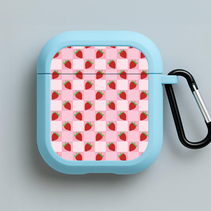 Checkered Strawberries Pattern Blue AirPods Case