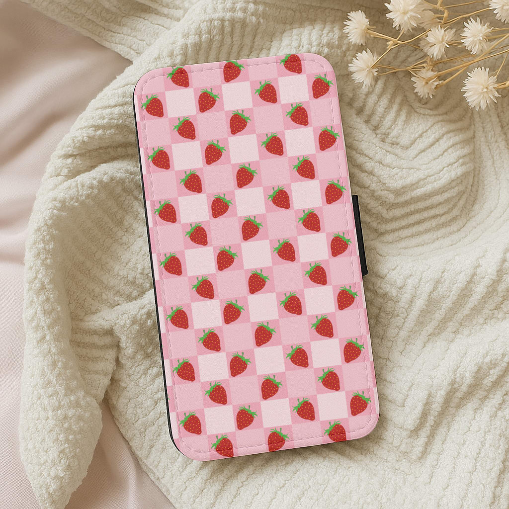 Checkered Strawberries Pattern Wallet Phone Case