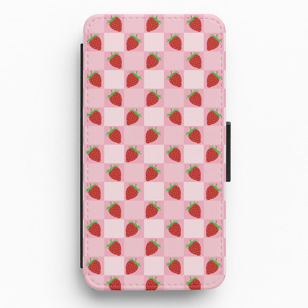 Checkered Strawberries Pattern Flip / Wallet Phone Case