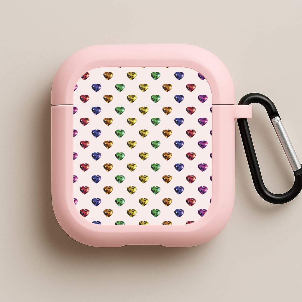 Rainbow Gem Hearts Pattern Pink AirPods Case
