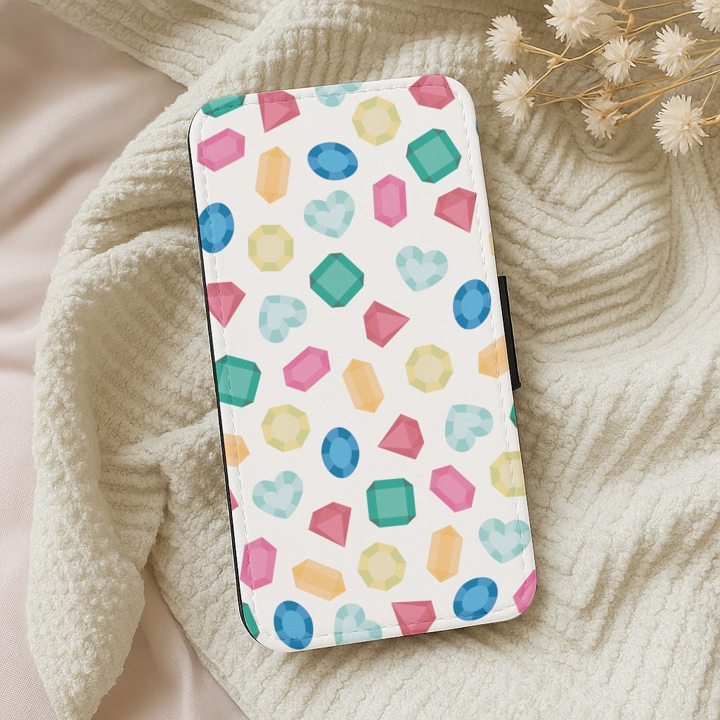 Cartoon Multicoloured Gems Pattern Wallet Phone Case