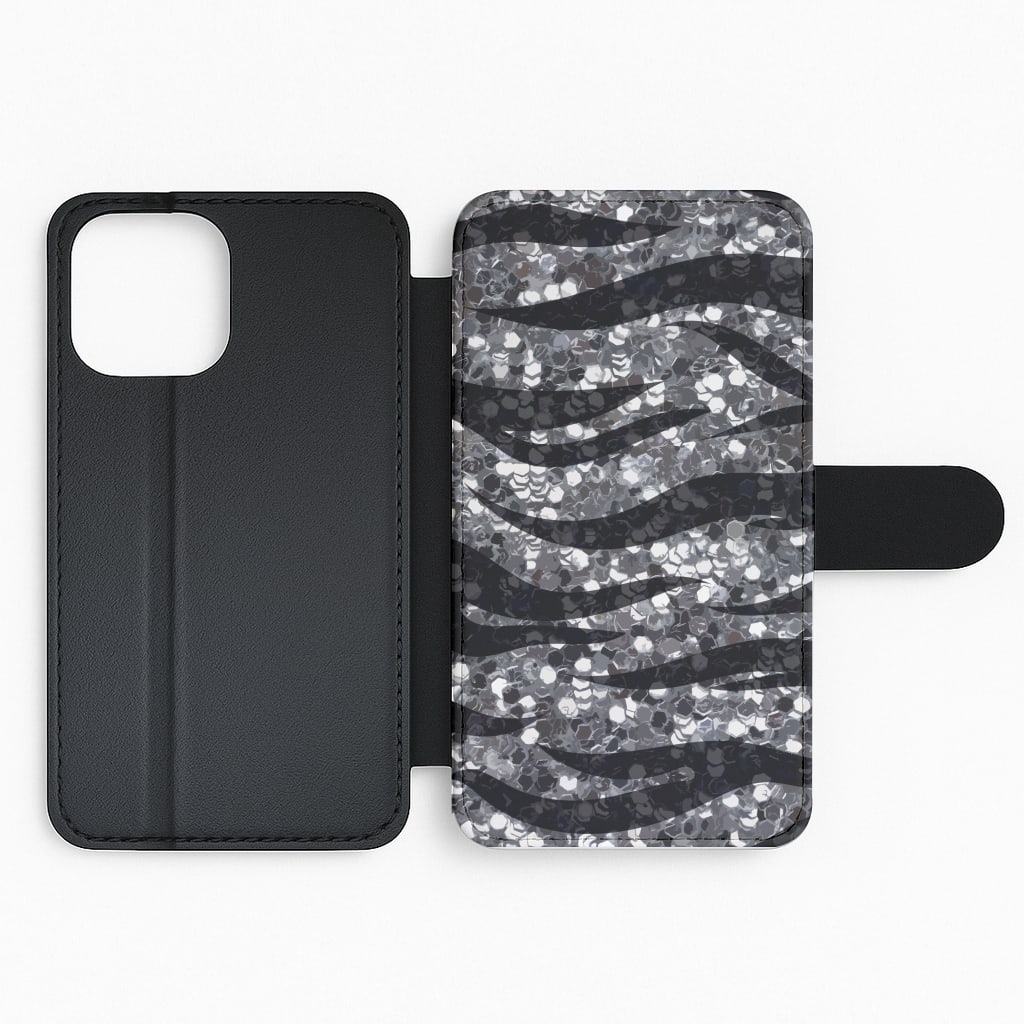 Silver Sequin Tiger Pattern Flip / Wallet Phone Case