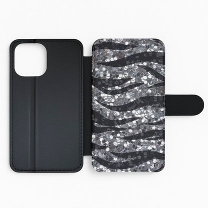 Silver Sequin Tiger Pattern Flip / Wallet Phone Case