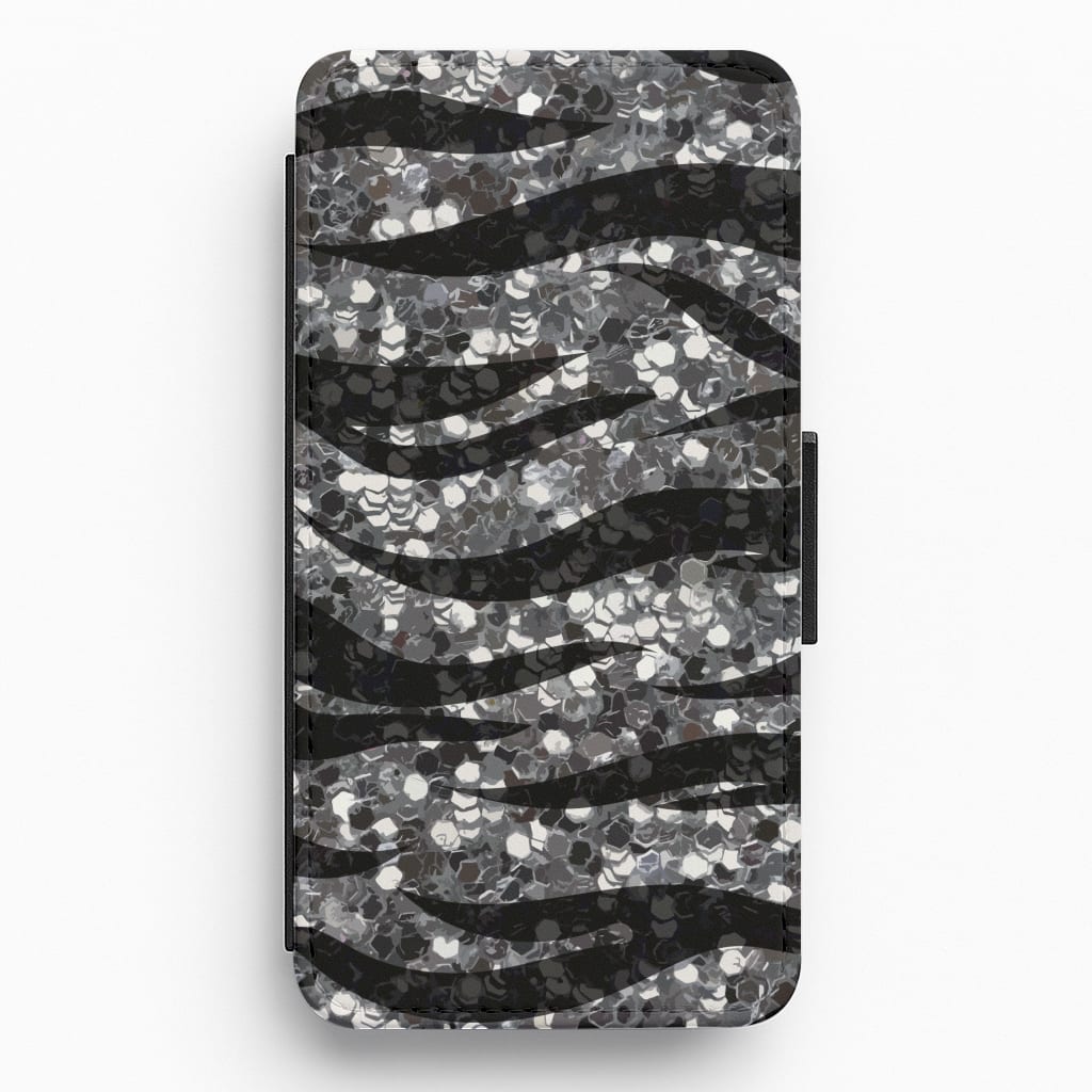 Silver Sequin Tiger Pattern Flip / Wallet Phone Case