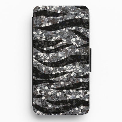 Silver Sequin Tiger Pattern Flip / Wallet Phone Case