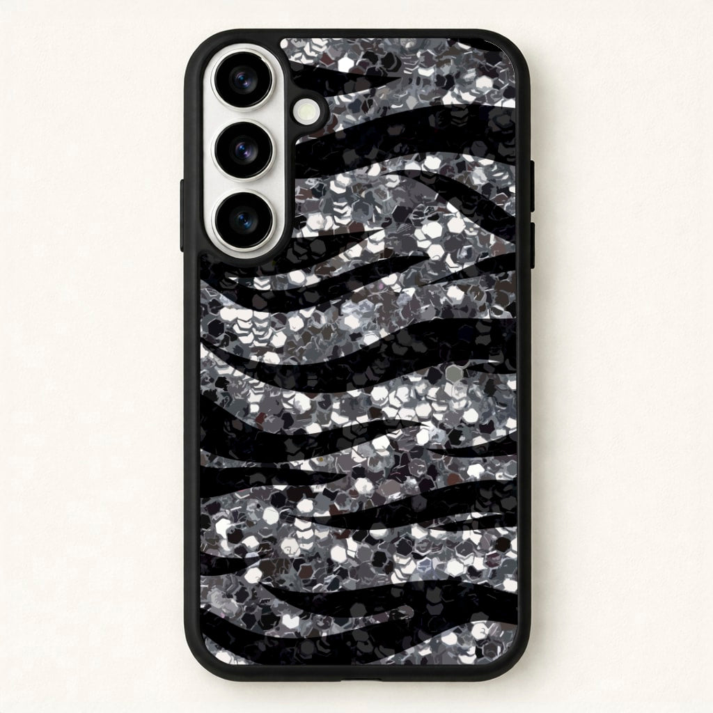 Silver Sequin Tiger Pattern Phone Case for Galaxy S26