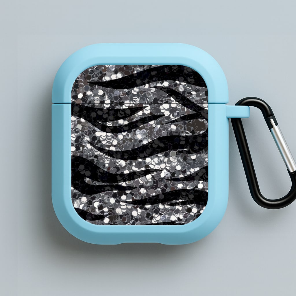 Silver Sequin Tiger Pattern Blue AirPods Case