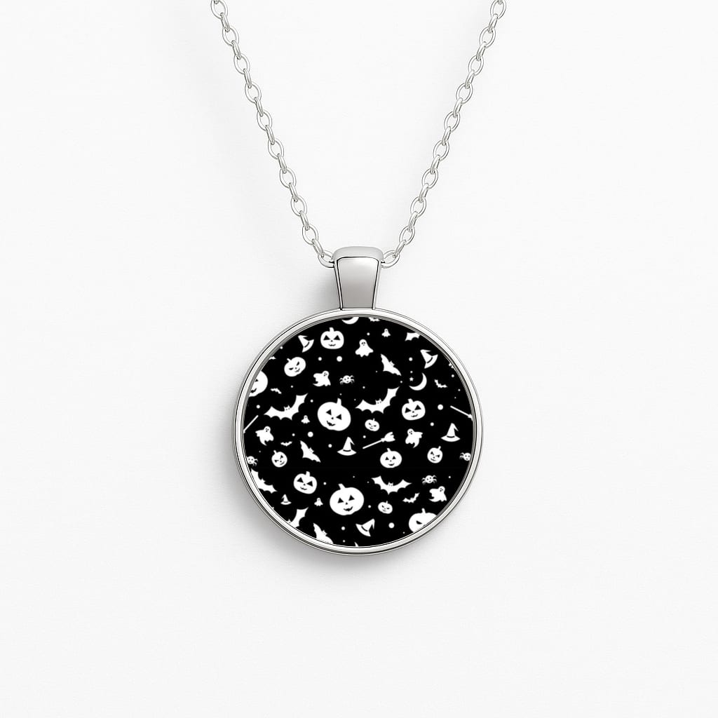 Black and White Halloween Pattern Circle Necklace