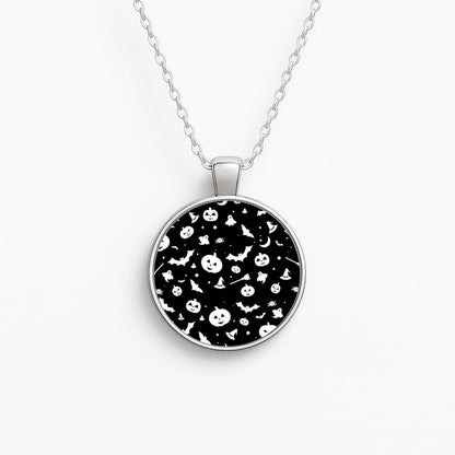 Black and White Halloween Pattern Circle Necklace
