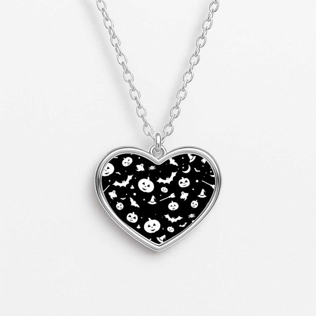 Black and White Halloween Pattern Heart Necklace