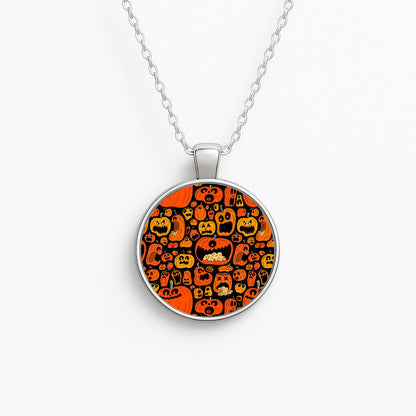 Scary Pumpkin Halloween Pattern Circle Necklace
