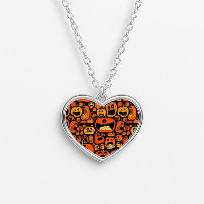 Scary Pumpkin Halloween Pattern Heart Necklace