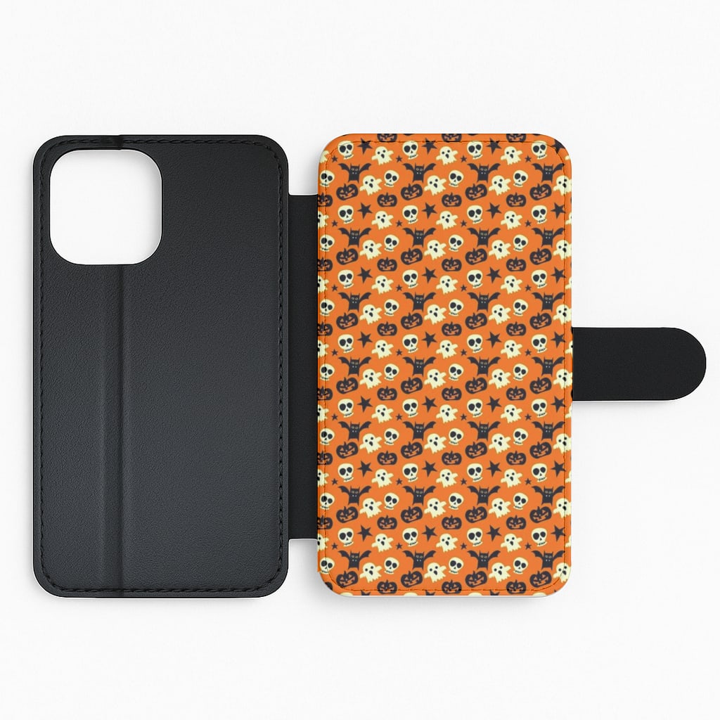 Skeletons, Ghosts, Pumpkin & Bat Pattern Flip Wallet Phone Case