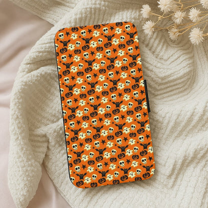 Skeletons, Ghosts, Pumpkin & Bat Pattern Flip Wallet Phone Case