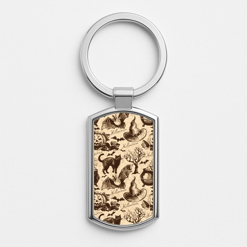 Vintage Halloween Pattern Silver Keyring