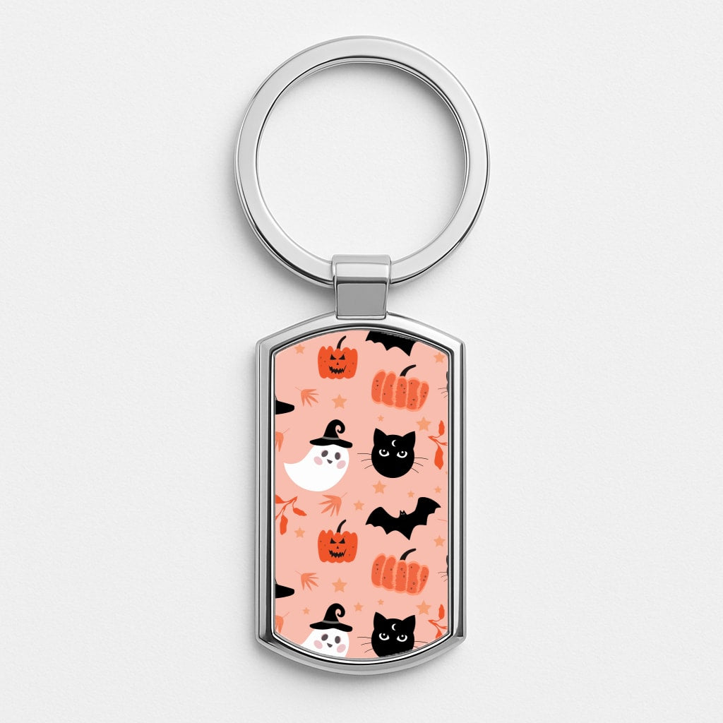 Pretty Pink Halloween Pattern Silver Keyring