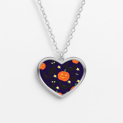 Pumpkin And Cats - Halloween Heart Necklace