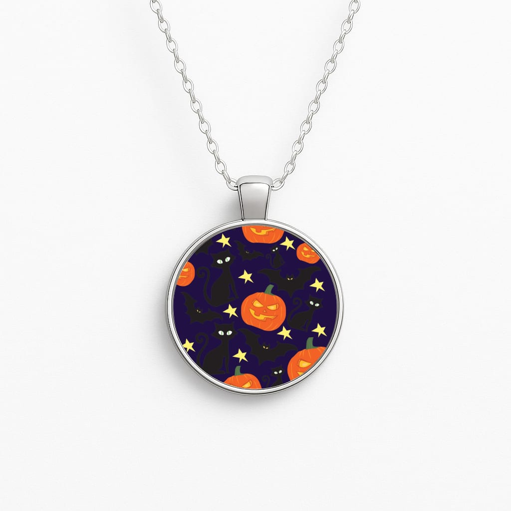 Pumpkin And Cats - Halloween Circle Necklace