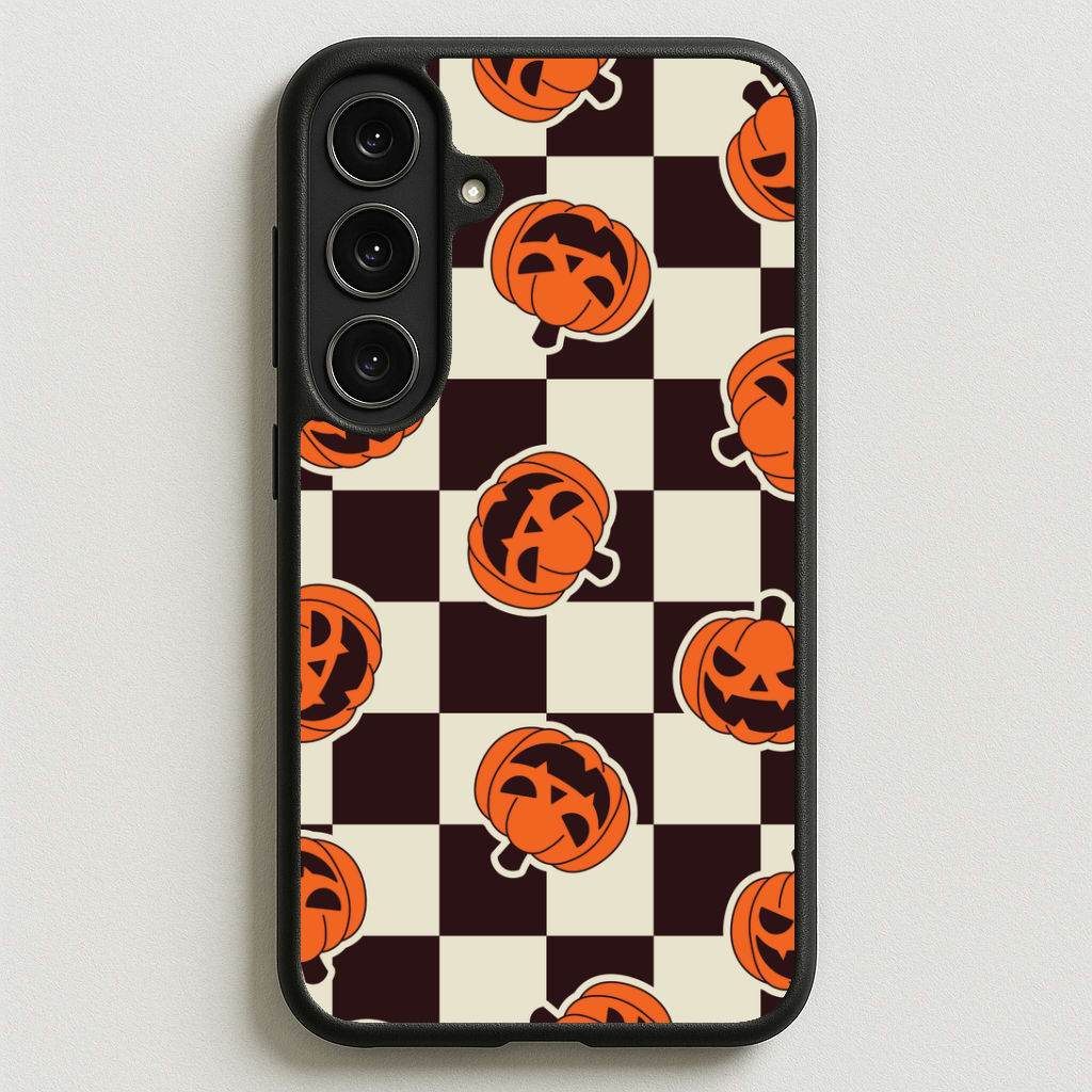 Pumpkin Stickers Checkered Pattern Phone Case for Galaxy S25FE