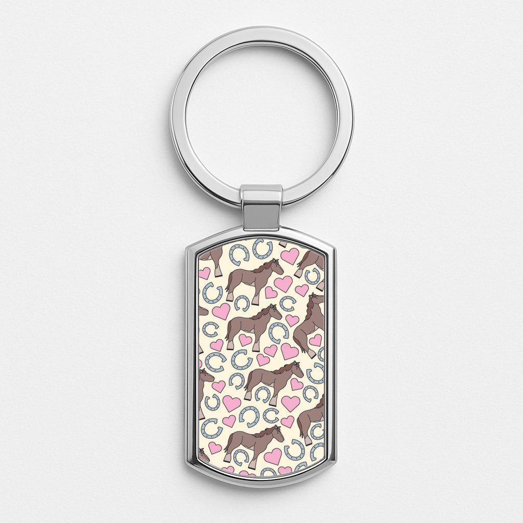 Horses And Horseshoes Pattern - Horses Silver Keyring
