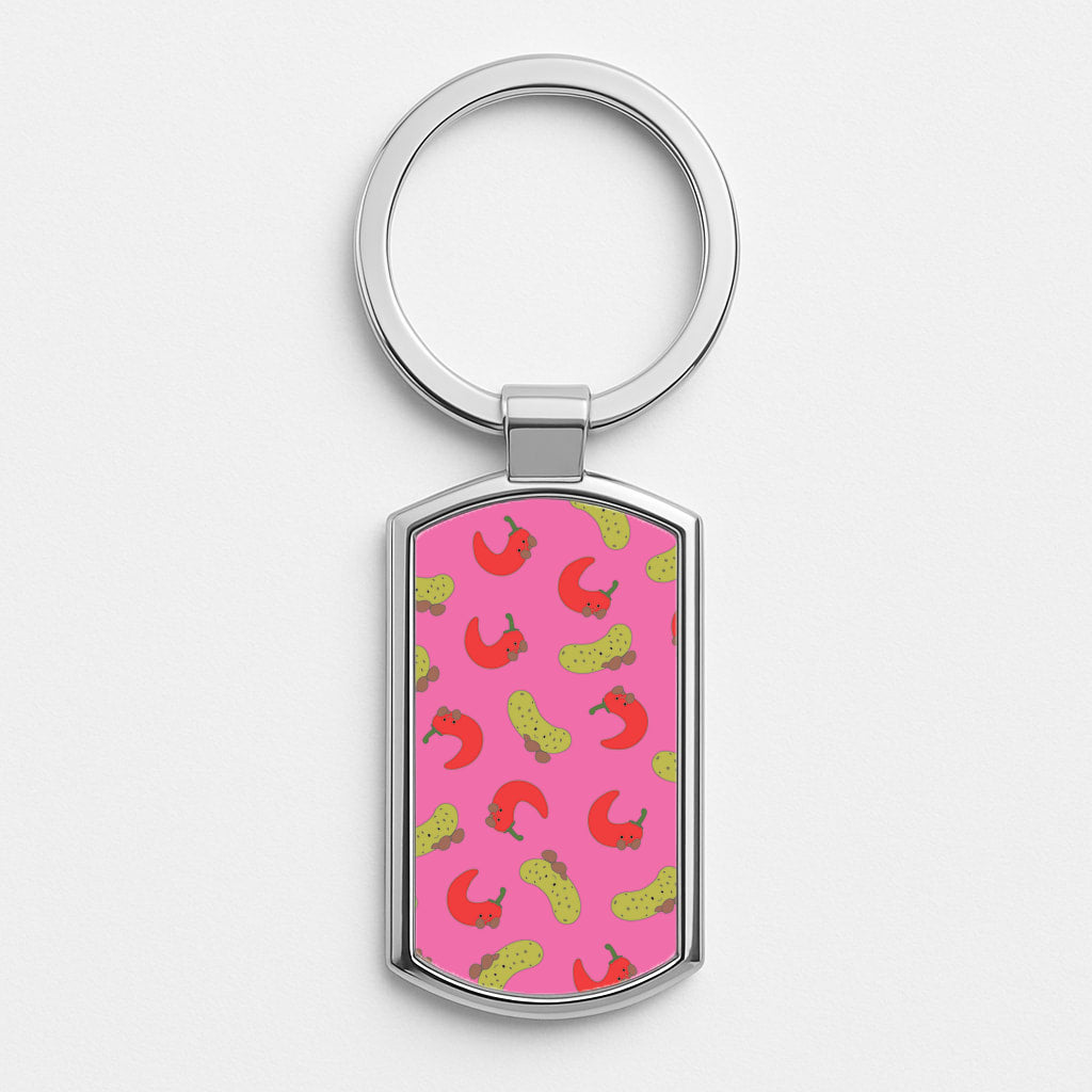 Red Chillis And Pickles Pattern Silver Keyring
