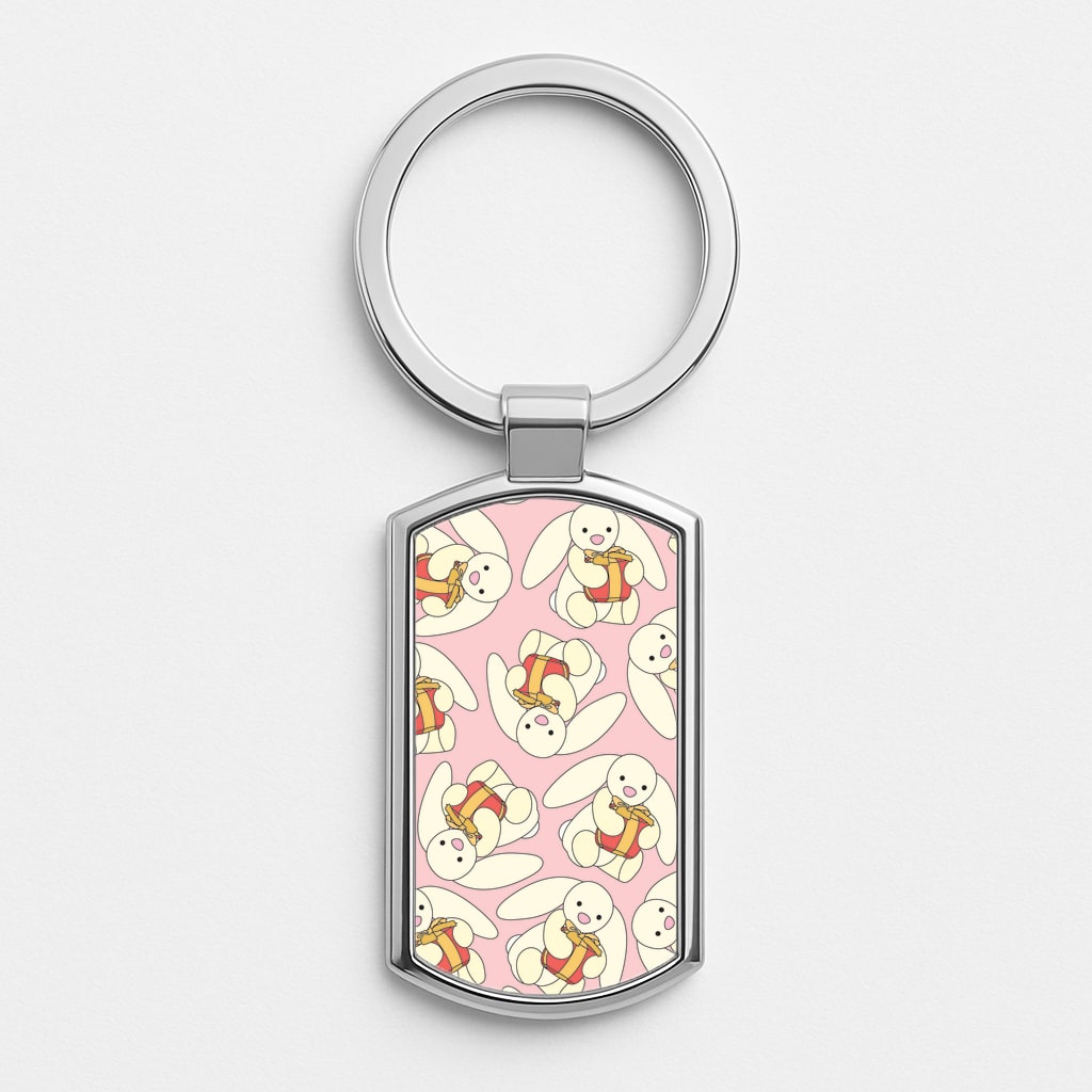 Bunny Present Pattern Silver Keyring
