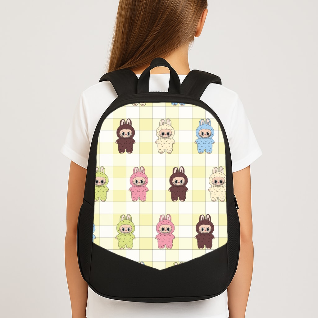 Cute Colourful Monsters Checkered Pattern Large School Bag