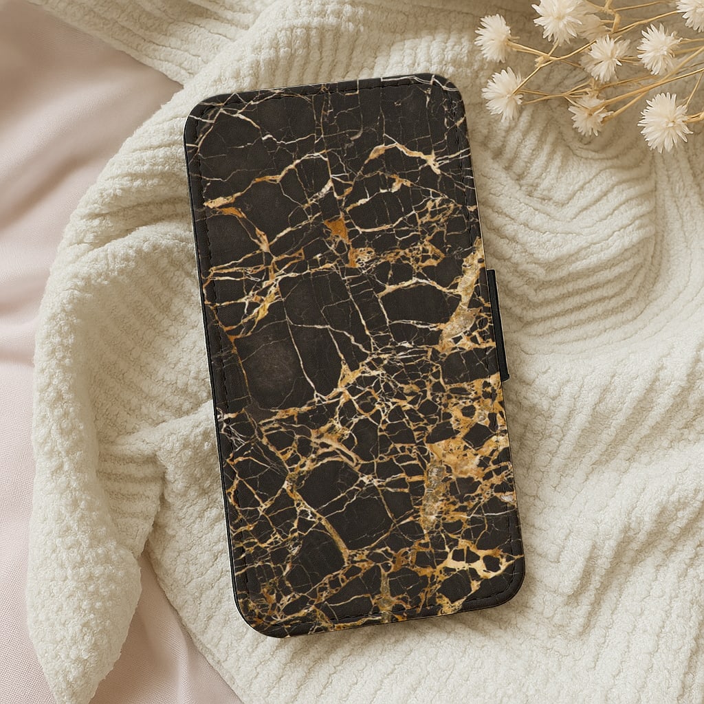 Black & Gold Marble Pattern Wallet Phone Case