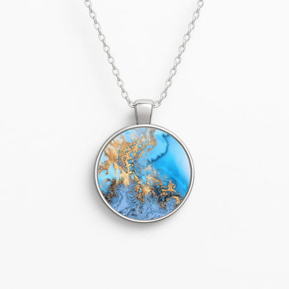 Sea Blue and Gold Marble Circle Necklace