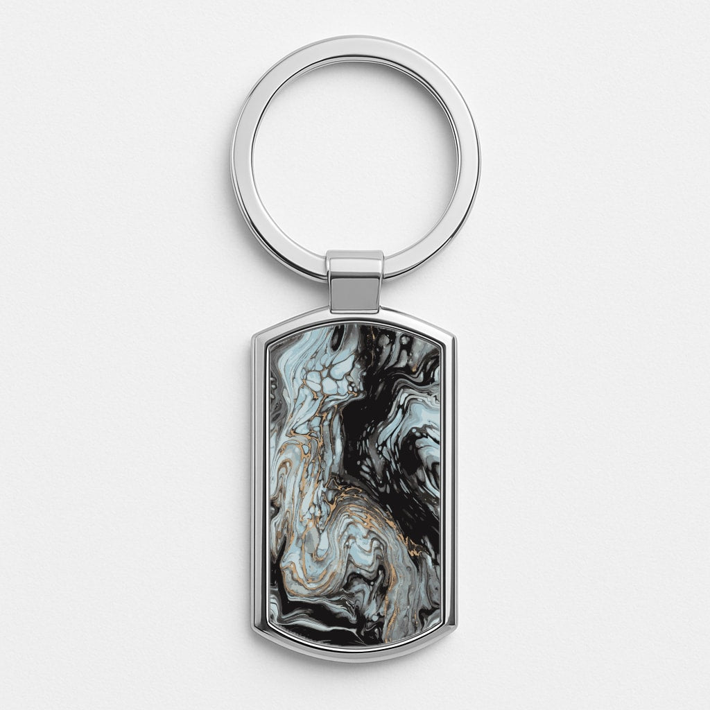 Black And Gold Cloudy Marble Silver Keyring