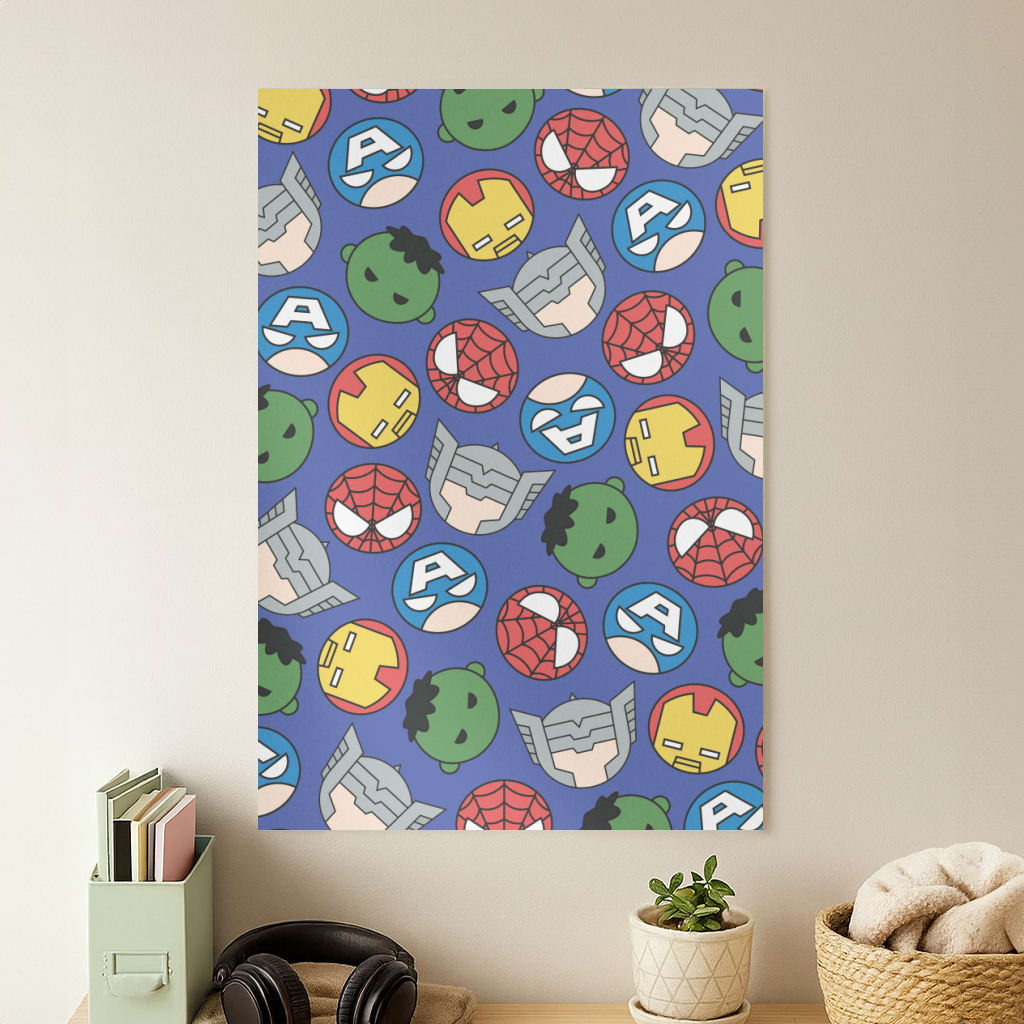 Cute Chibi Heroes Pattern Blue Poster