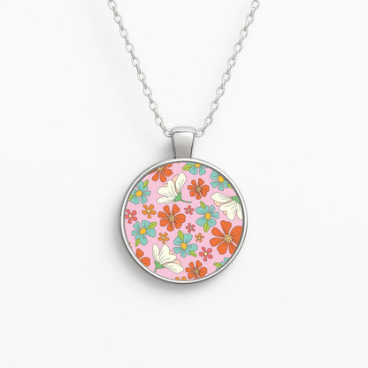 Pink Flower Pattern - Mothers Day Circle Necklace