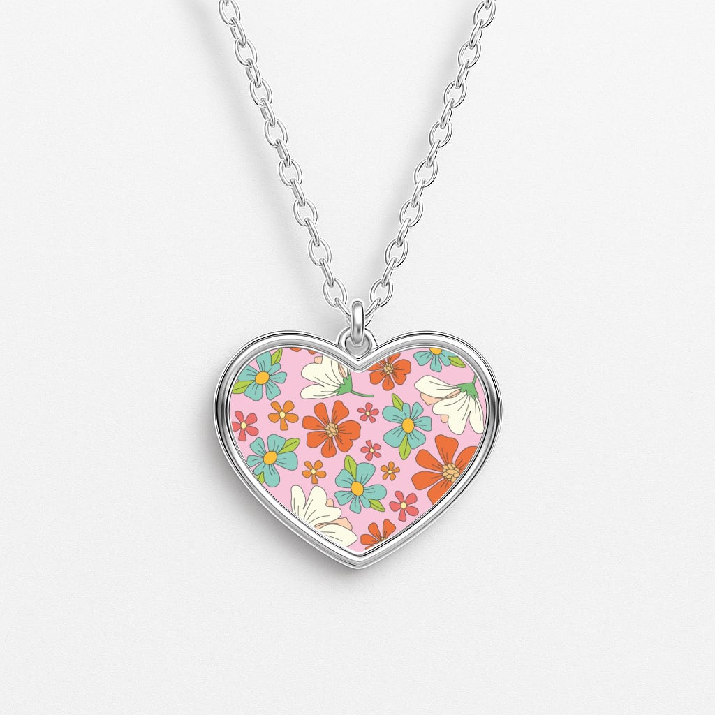 Pink Flower Pattern - Mothers Day Heart Necklace