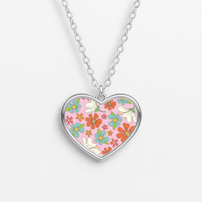 Pink Flower Pattern - Mothers Day Heart Necklace