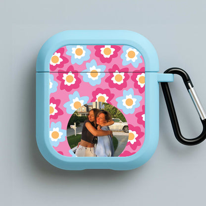 Pink And Blue Flower Pattern - Personalised Mother's Day Blue AirPods Case