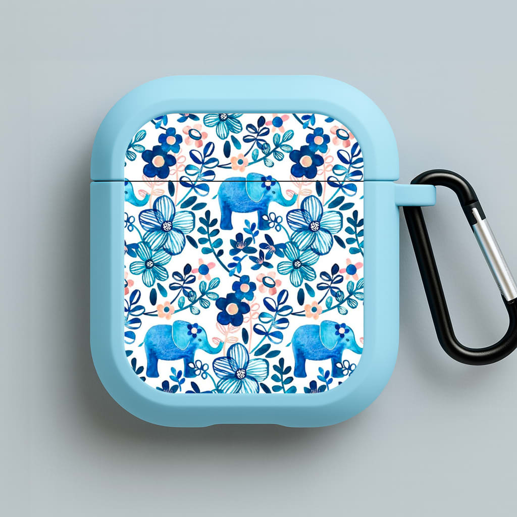 Elephant and Floral Pattern Blue AirPods Case