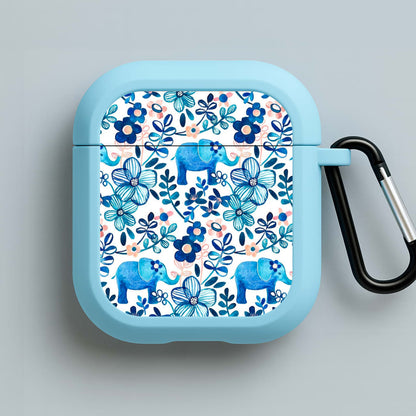 Elephant and Floral Pattern Blue AirPods Case