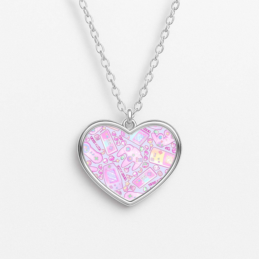 Power Up, Gaming Pattern Heart Necklace