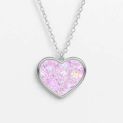 Power Up, Gaming Pattern Heart Necklace