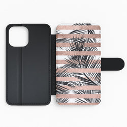 Rose Gold Tropical Palm Leaf Pattern Flip Wallet Phone Case