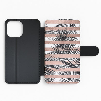 Rose Gold Tropical Palm Leaf Pattern Flip Wallet Phone Case