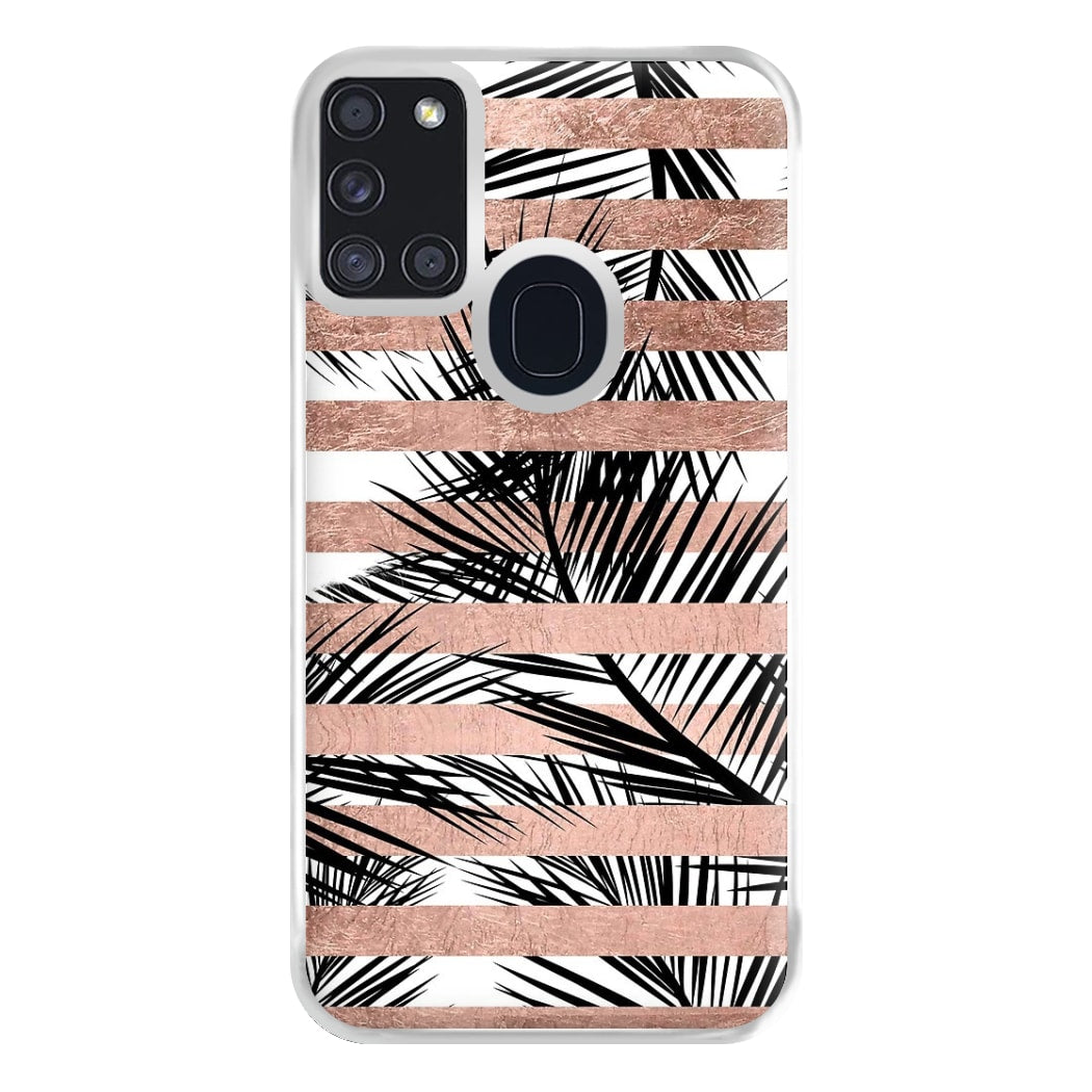 Rose Gold Tropical Palm Leaf Pattern Phone Case for Galaxy A21s