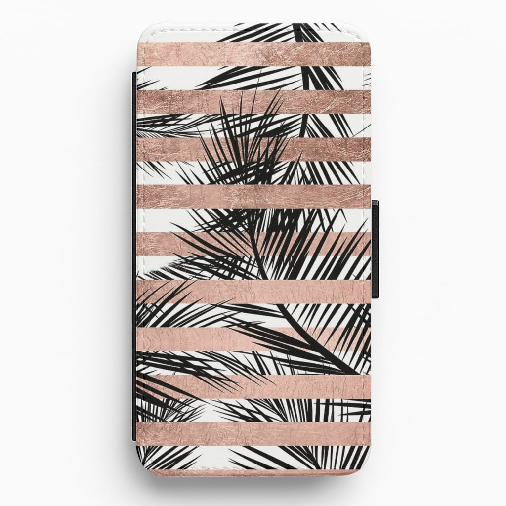 Rose Gold Tropical Palm Leaf Pattern Flip Wallet Phone Case