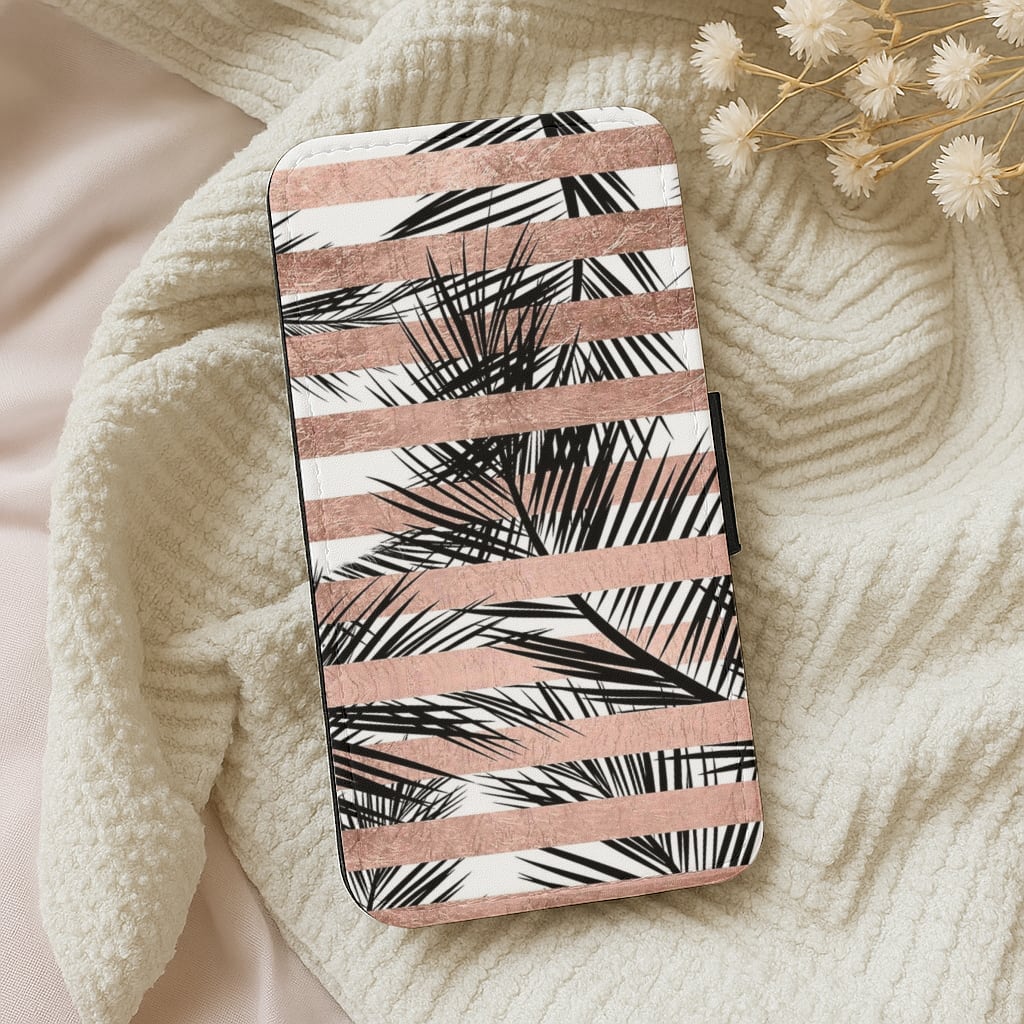 Rose Gold Tropical Palm Leaf Pattern Flip Wallet Phone Case
