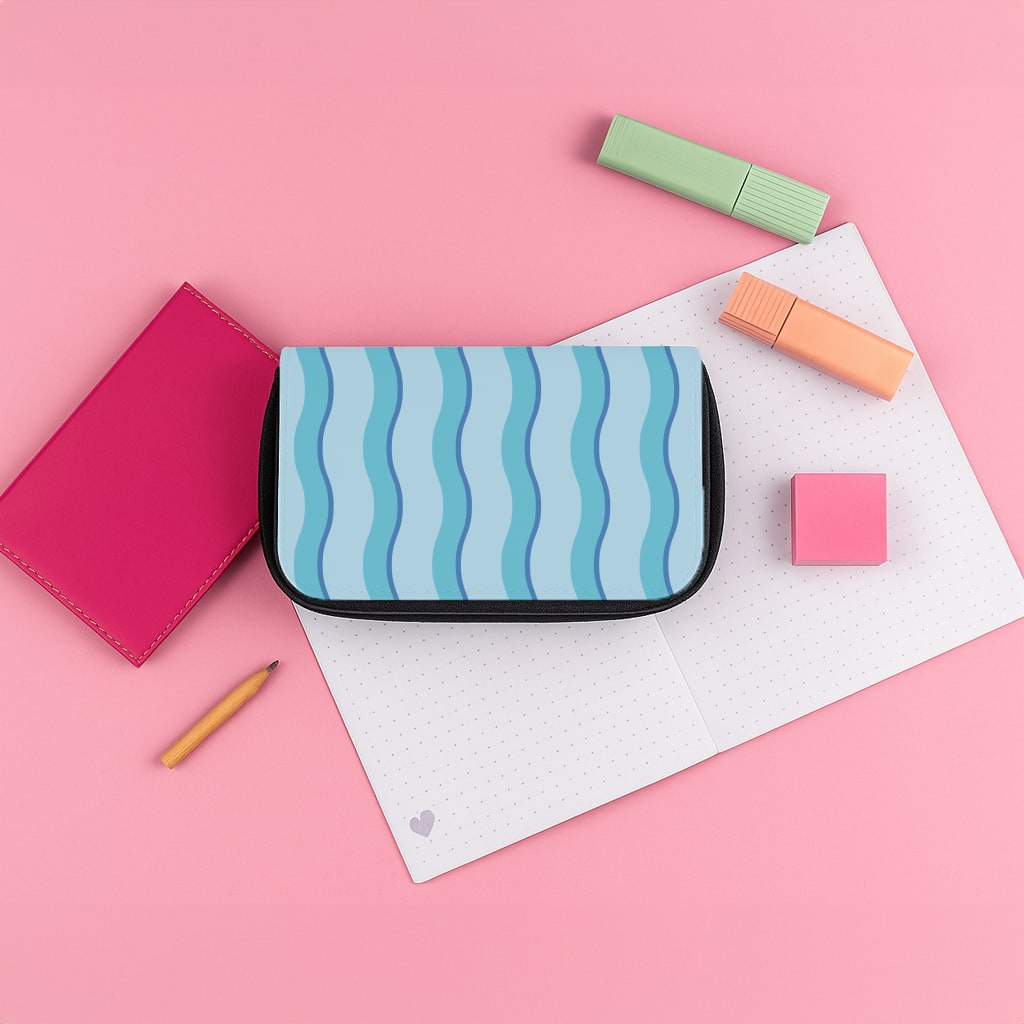 Blue Wavy Stripes Pattern Pencil Case