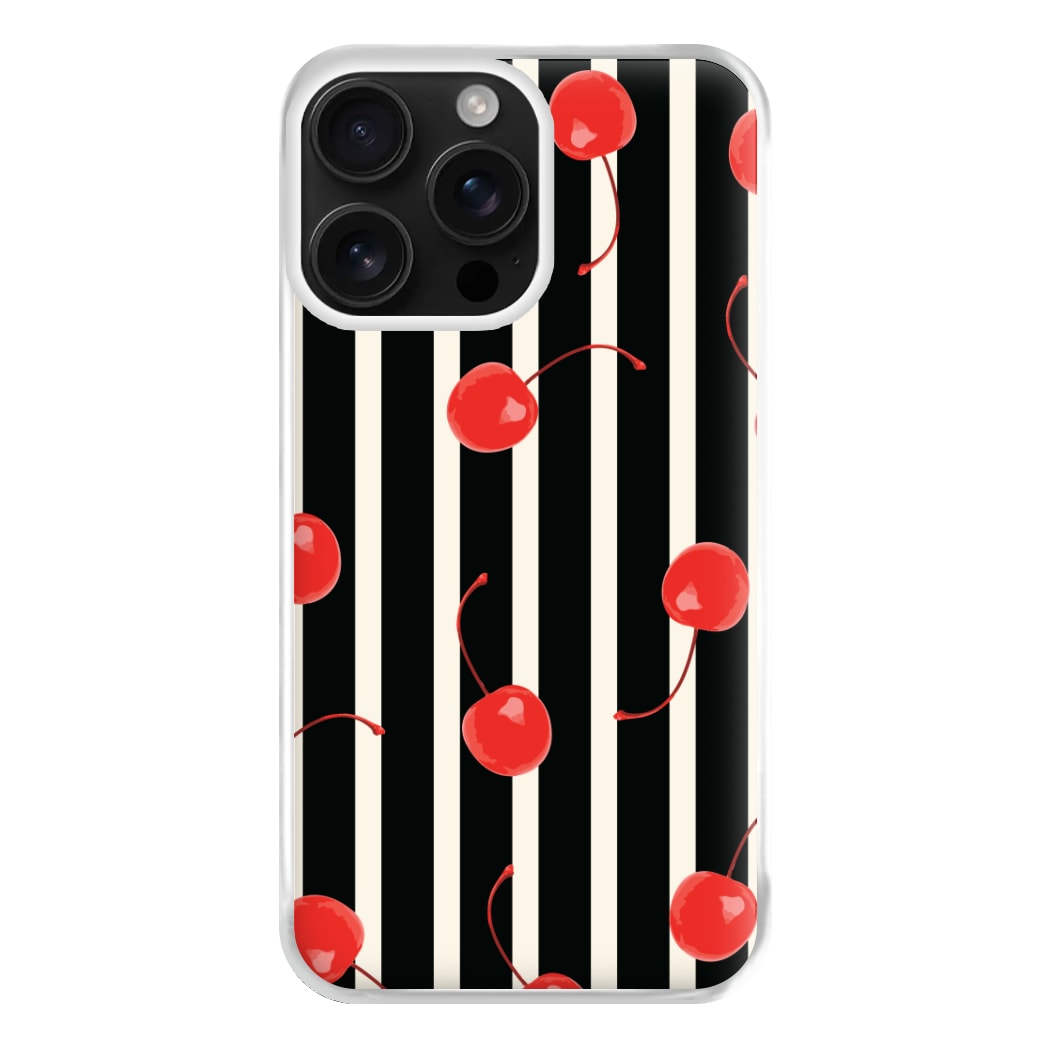 Black And White Stripes With Cherries Phone Case for iPhone 16 Pro Max