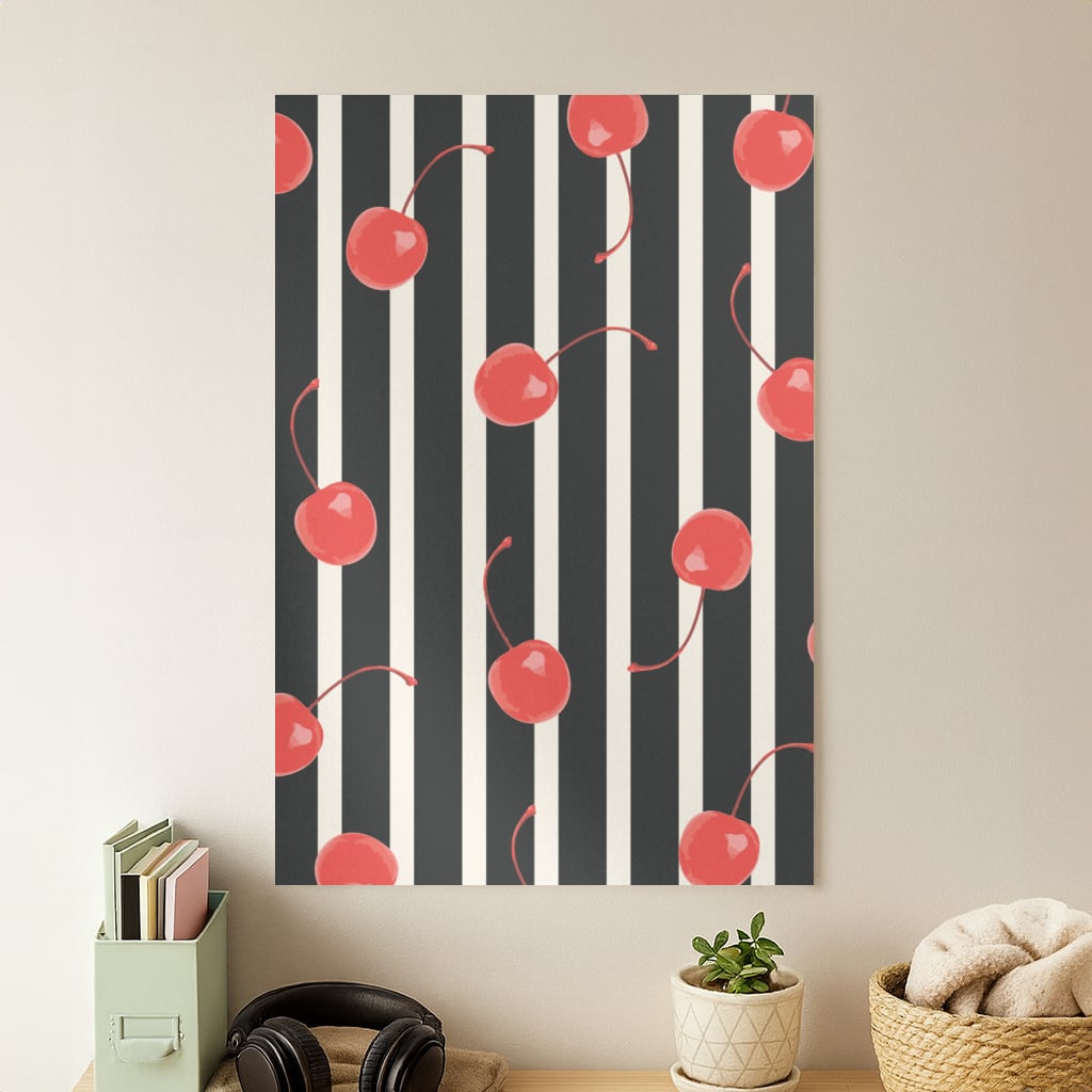 Black And White Stripes With Cherries Poster
