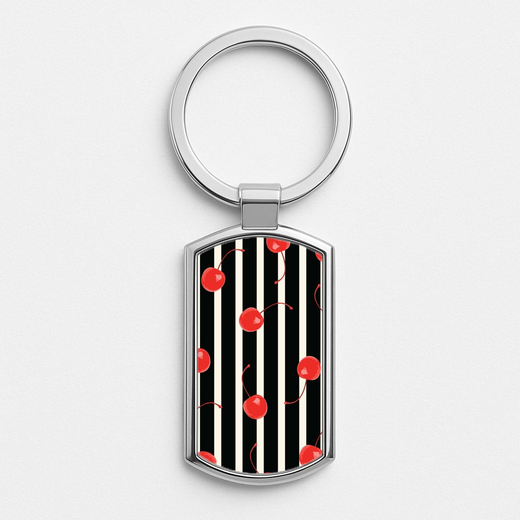 Black And White Stripes With Cherries Luxury Keyring