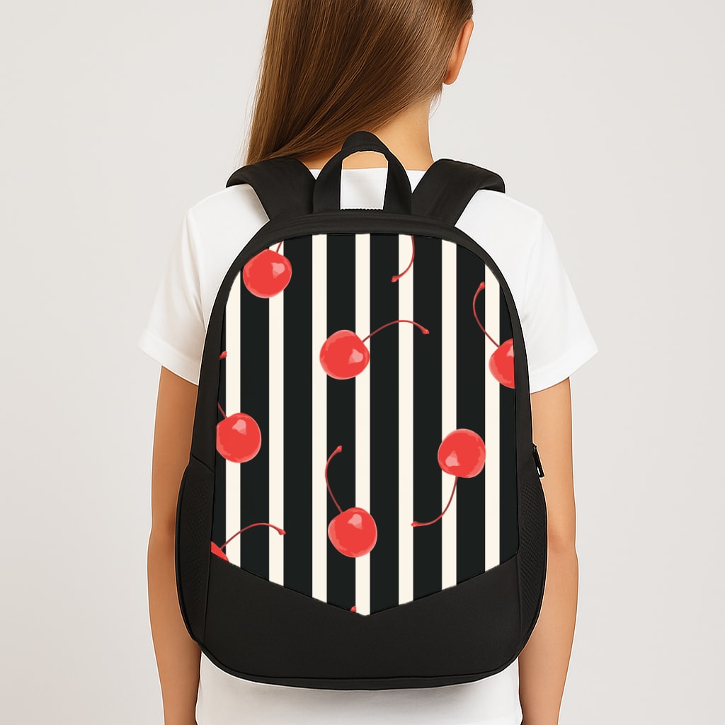 Black And White Stripes With Cherries Large School Bag