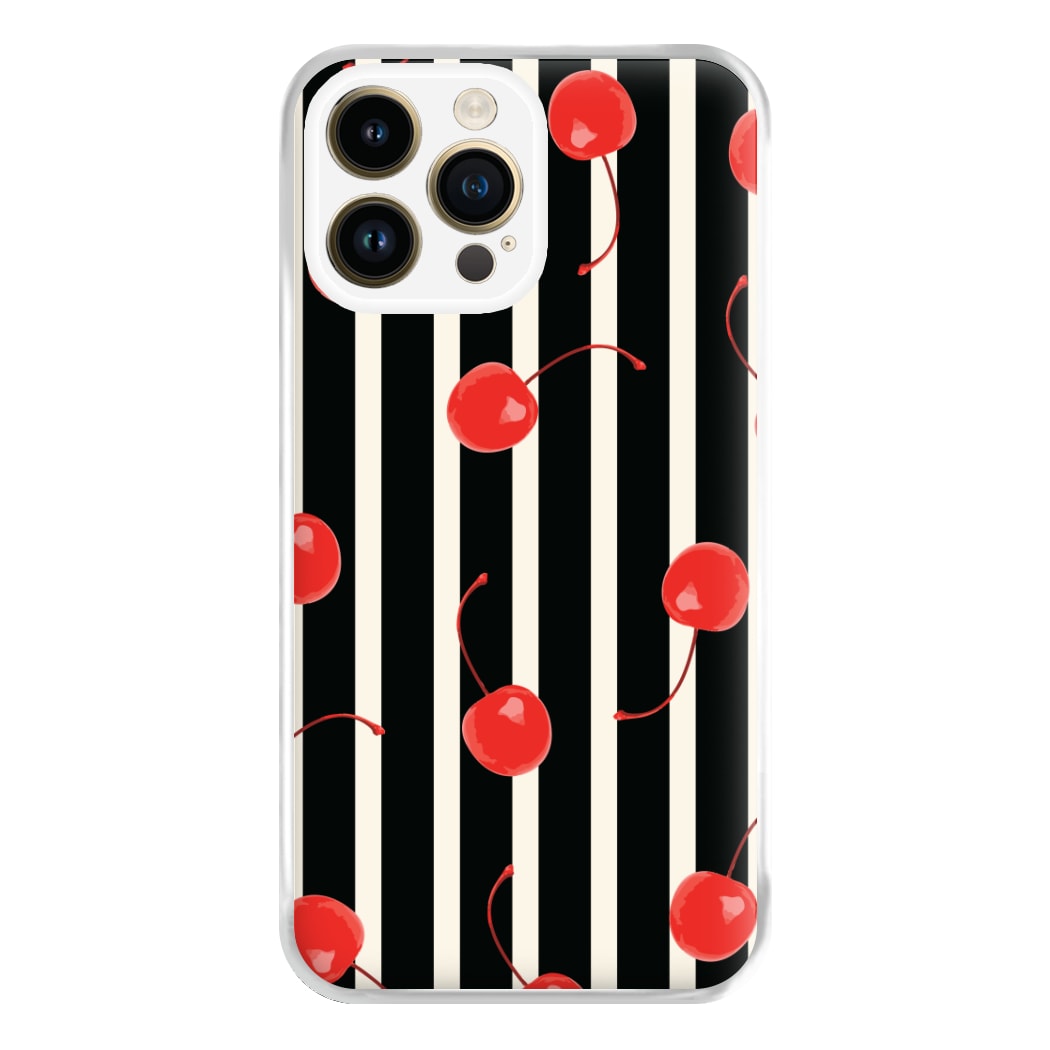 Black And White Stripes With Cherries Phone Case for iPhone 14 Pro Max